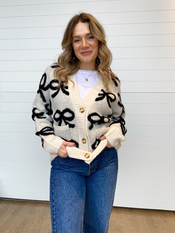 The Lydia Bow Pattern Button Down Cardigan