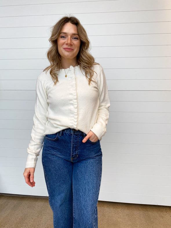 ruffle trim long sleeve button down cardigan off white sweater