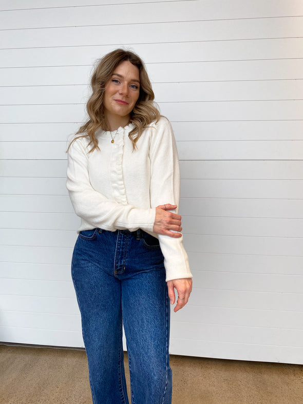 The Gianna Ruffle Trim Button Up Sweater