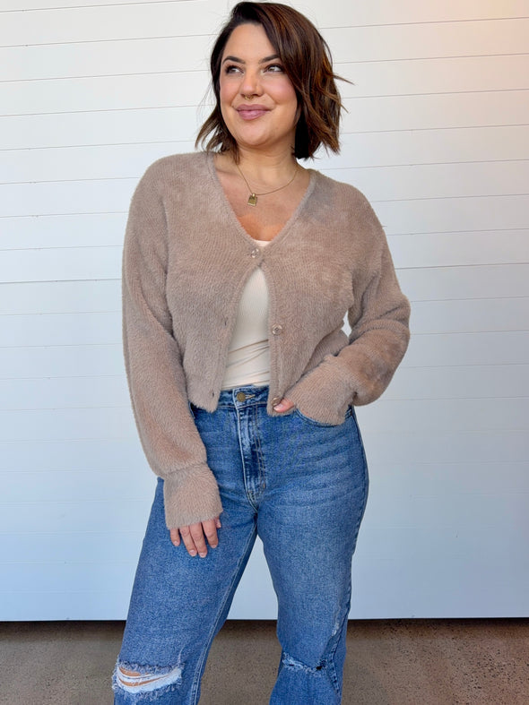 z supply sadira fluffy cardigan taupe button front v-neck