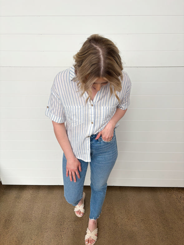 The Addy Short Sleeve Striped Button Up