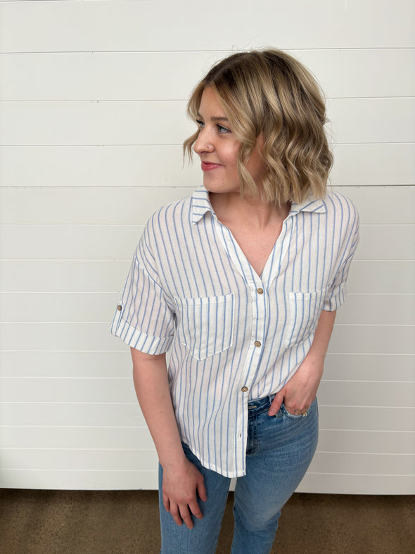 The Addy Short Sleeve Striped Button Up
