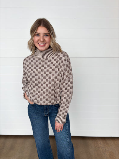 The Harlow Checkerboard Mock Neck Sweater