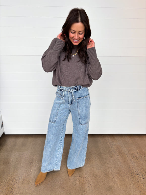 The Maven Drawstring Waist Wide Leg Utility Jeans