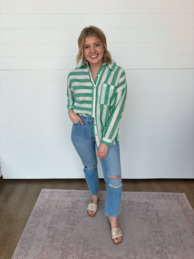 The Demi Vertical + Horizontal Striped Button Up Top