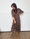 burgundy, olive + cream floral maxi dress with elbow sleeve and smocked tied waist 