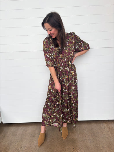 burgundy, olive + cream floral maxi dress with elbow sleeve and smocked tied waist 