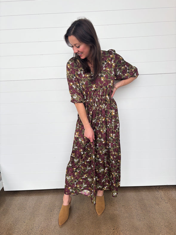 burgundy, olive + cream floral maxi dress with elbow sleeve and smocked tied waist 