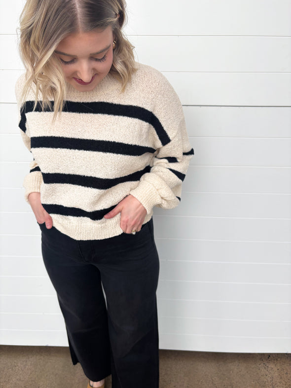 striped textured long sleeve sweater cropped black ivory