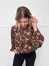 mock neck burgundy, olive, cream floral long balloon sleeve blouse