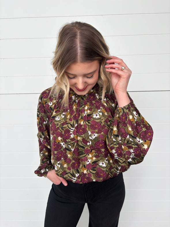 mock neck burgundy, olive, cream floral long balloon sleeve blouse