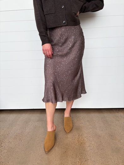 monochrome taupe leopard satin midi skirt