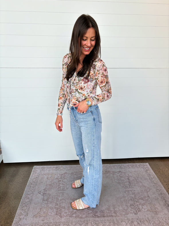 The Haylee Floral Mesh Tie Front Blouse