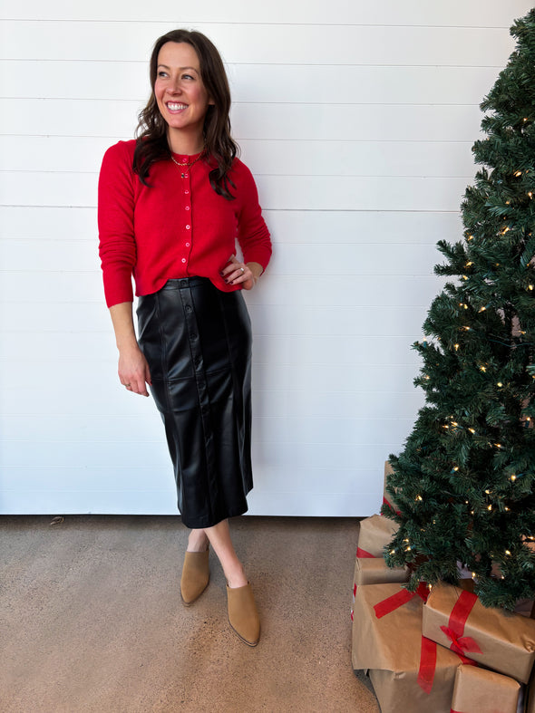 z supply faux leather reine black midi skirt button front