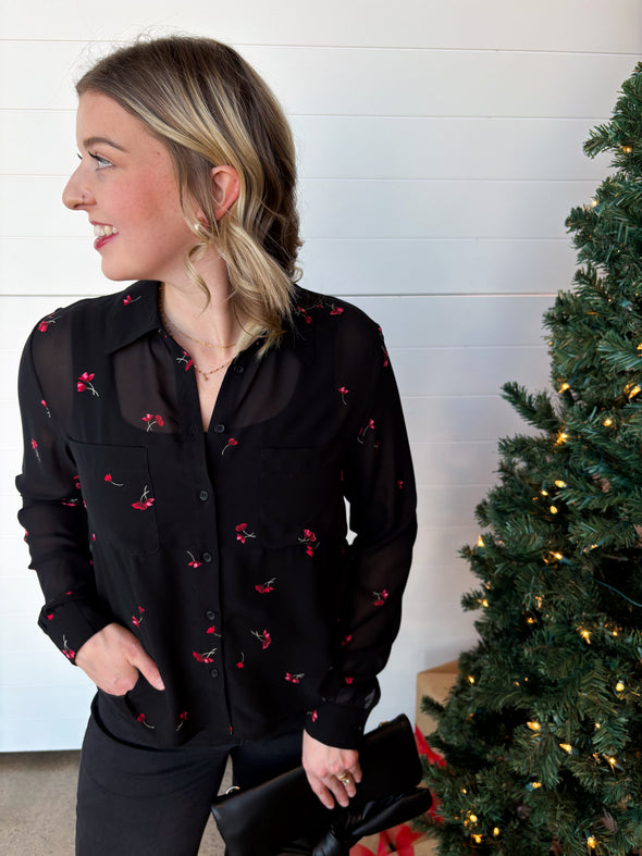 z supply rio floral button front collared blouse floral print black red 