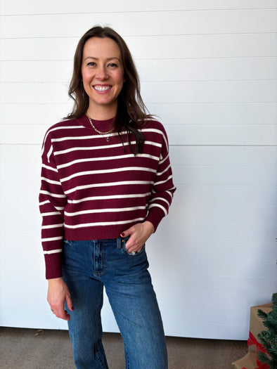 mock neck striped sweater long sleeve burgundy white stripe