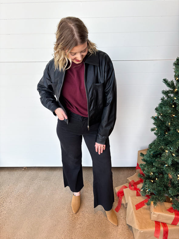 z supply heritage vegan leather black cropped zipper front jacket