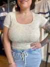 hem and thread scoop neck short sleeve tee fitted jacquard style seamless cream