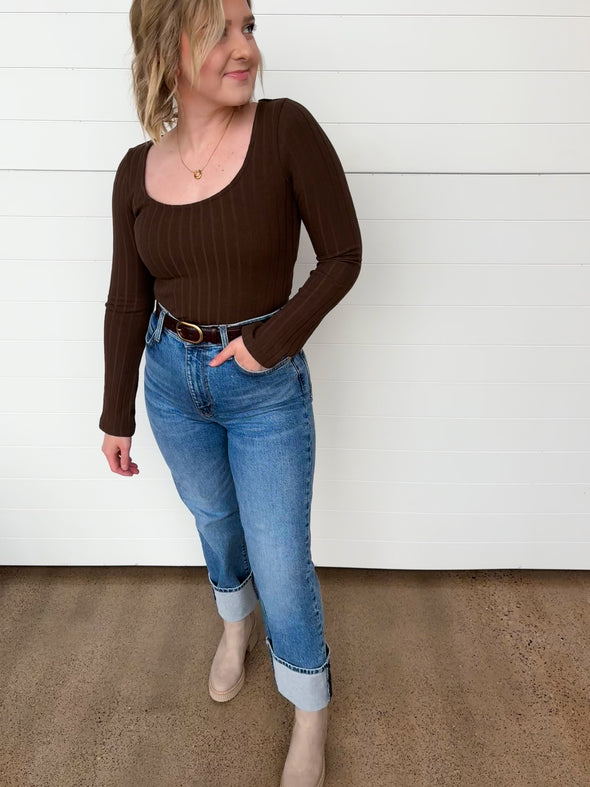 z supply madeline rib top dark chocolate brown long sleeve scoop neck fitted silhouette cropped basic layering top