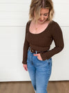 z supply madeline rib top dark chocolate brown long sleeve scoop neck fitted silhouette cropped basic layering top