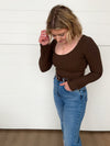 z supply madeline rib top dark chocolate brown long sleeve scoop neck fitted silhouette cropped basic layering top