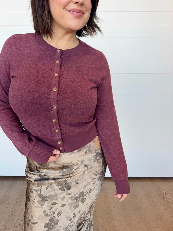 thread & supply monica cardigan button up long sleeve eggplant