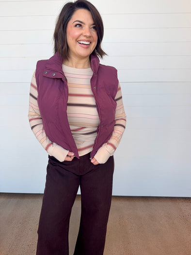 thread and supply aspen vest eggplant puffer zipper front