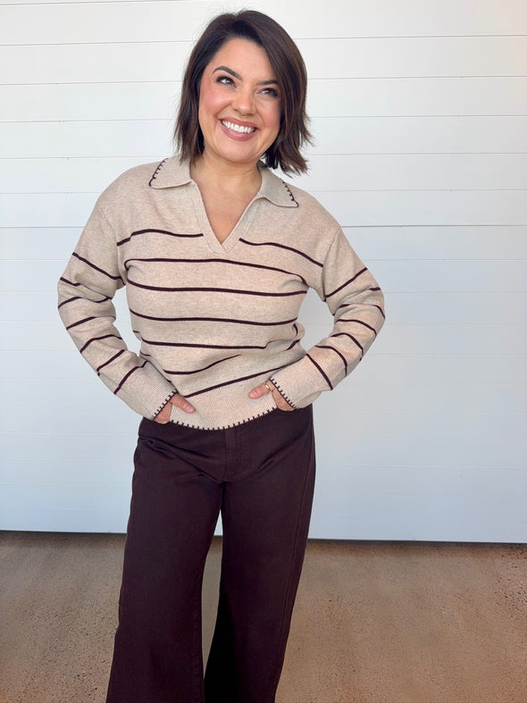 thread and supply radley striped long sleeve collared sweater off white burgundy