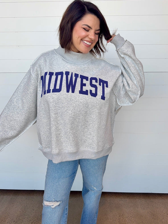 midwest mock neck gray sweatshirt oversized raw edge details