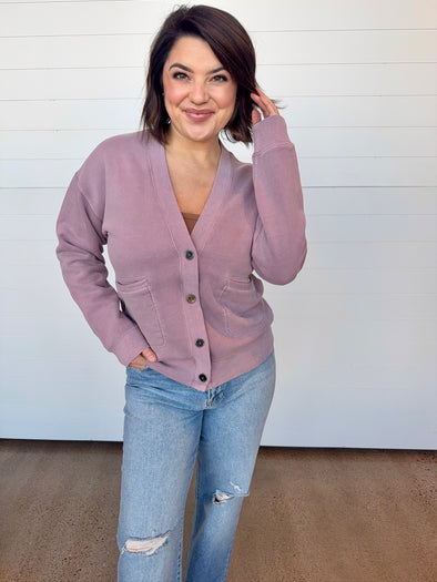 thread & supply serenity button up cardigan fleece lined lavender
