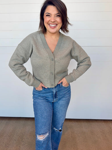 thread & supply mirabel cardigan heather green long sleeve button up