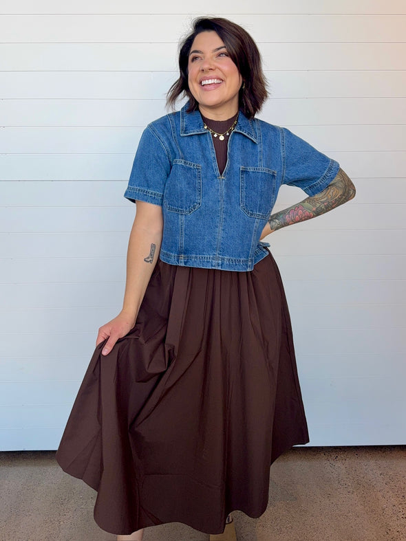 The Vivian Mixed Fabric Midi Dress