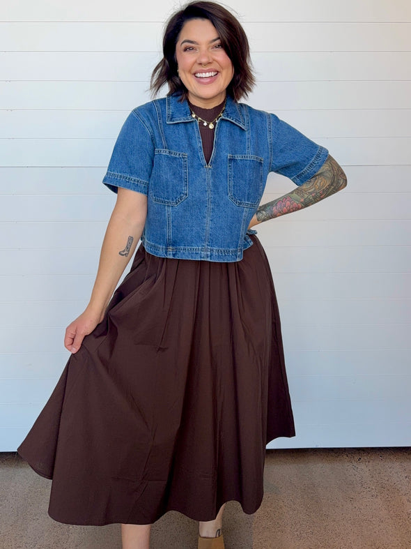 The Vivian Mixed Fabric Midi Dress