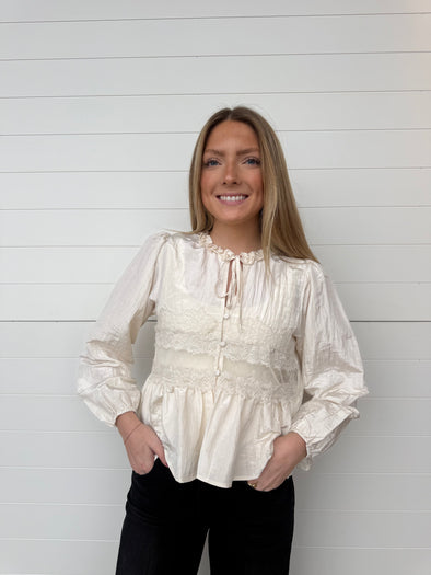 lace button front blouse tie neck ivory long sleeve