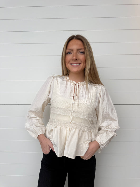 lace button front blouse tie neck ivory long sleeve