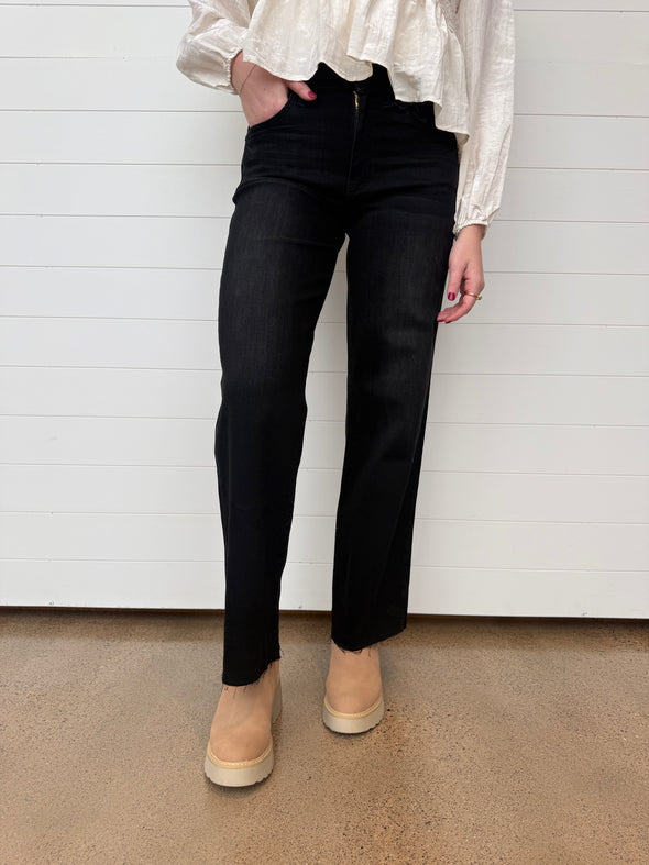 just black denim slim palazzo wide leg high rise washed black