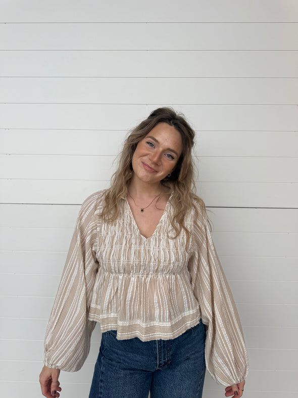 smocked v-neck balloon sleeve striped blouse taupe white