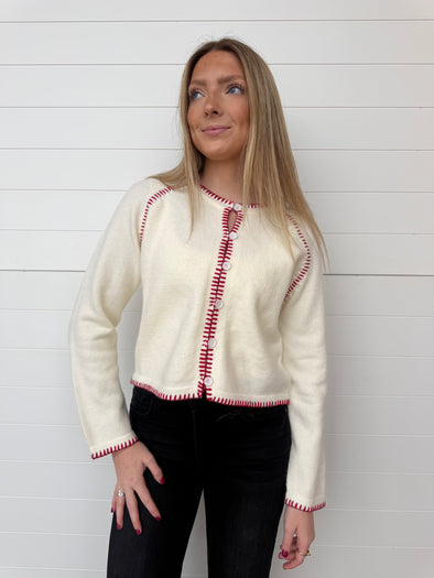 contrast blanket stitch button up long sleeve sweater cardigan cream red