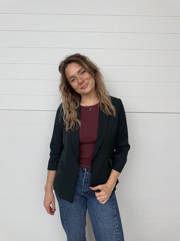 cinched 3/4 sleeve open front blazer forest green fitted