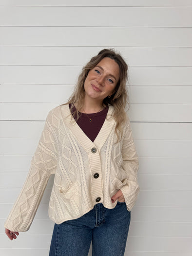 oversized cable knit button front cardigan off white dropped shoulder