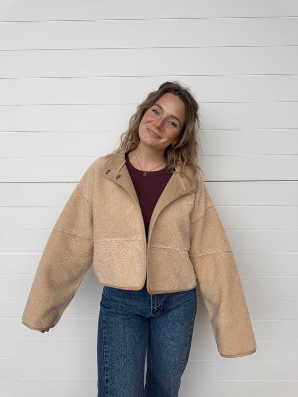 suede lined sherpa button front jacket taupe