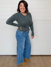 wide leg blue jeans with full length and seam detailing on side just black denim