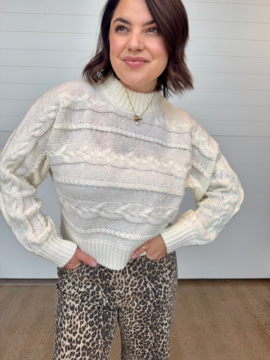 z supply mock neck cropped cream cable knit sweater