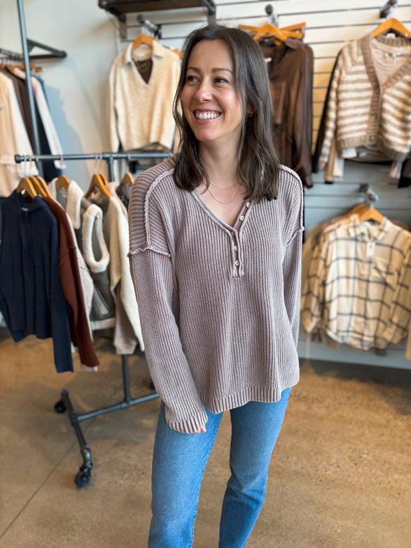 The Emilia V-Neck Henley Sweater