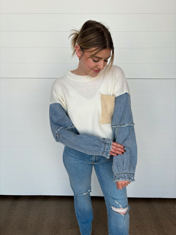 The Ashlyn Denim Sleeve Sweater