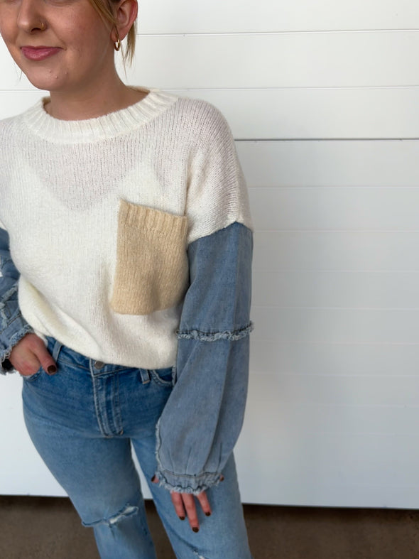 The Ashlyn Denim Sleeve Sweater