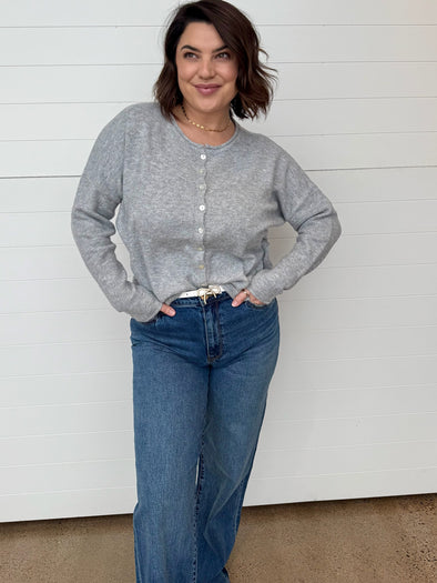 grey button up sweater cardigan rolled edge soft long sleeve