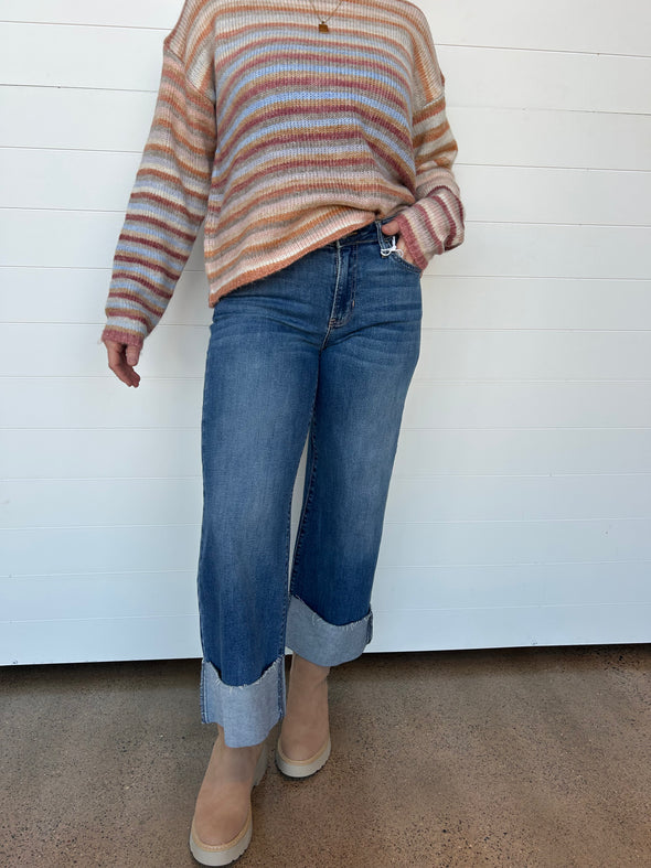 just black mid rise medium wash cuffed wide leg denim clean leg