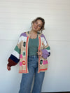 patchwork crochet color block multicolor balloon sleeve open front cardigan