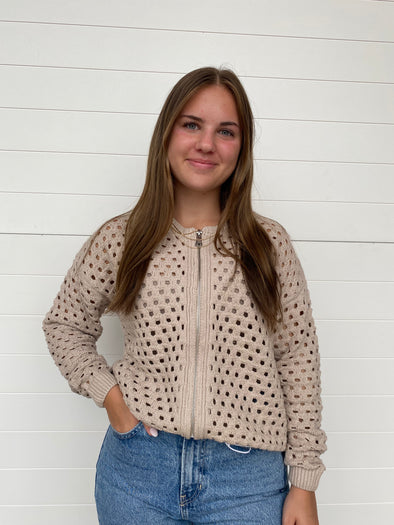 elan open knit crochet zip jacket stone tan